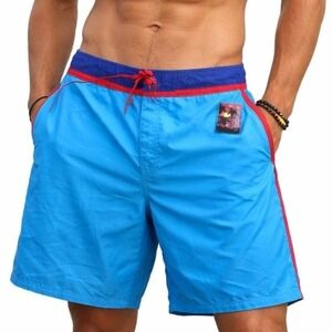 Joe Boxer Board Shorts Mens 34 Blue Red Trim Recycled Swim Trunks Beach Pool New
